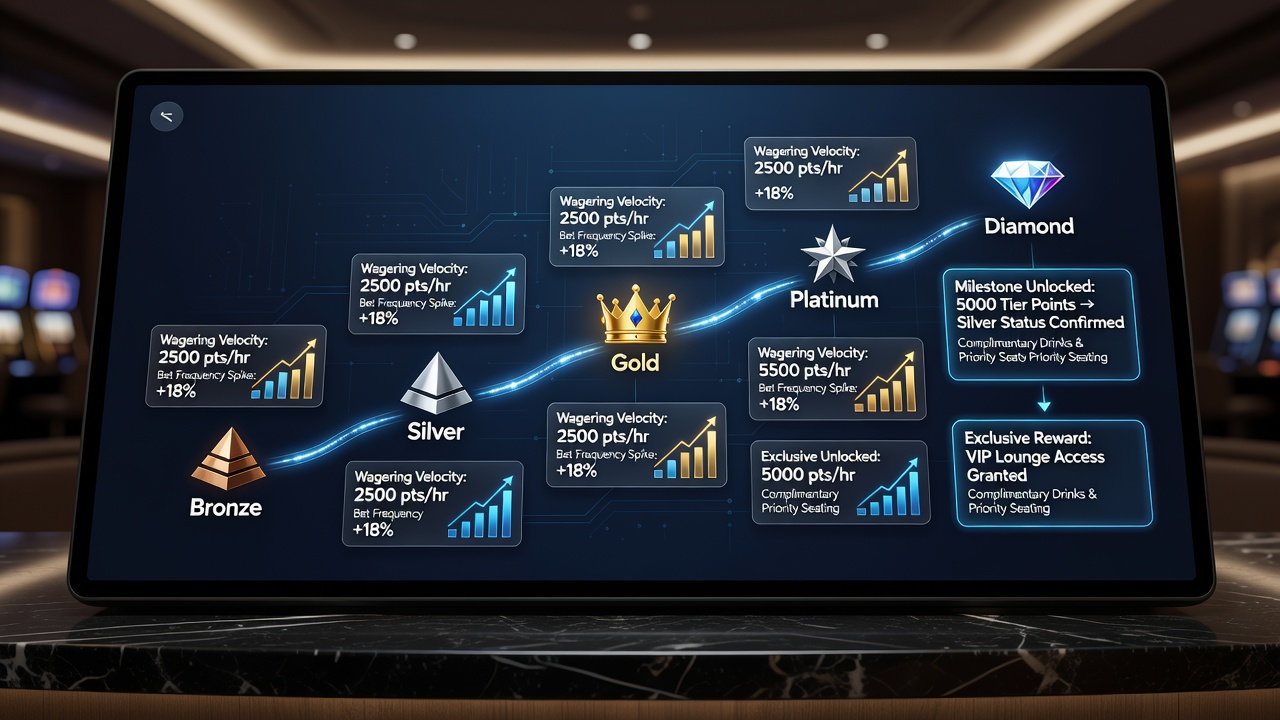 Digital loyalty dashboard displaying tier progress bars and milestone unlock indicators on a casino gaming terminal