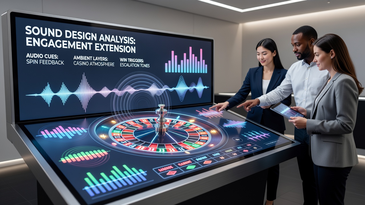 Close-up view of digital roulette wheel with overlaid sound waveform visualizations demonstrating audio synchronization