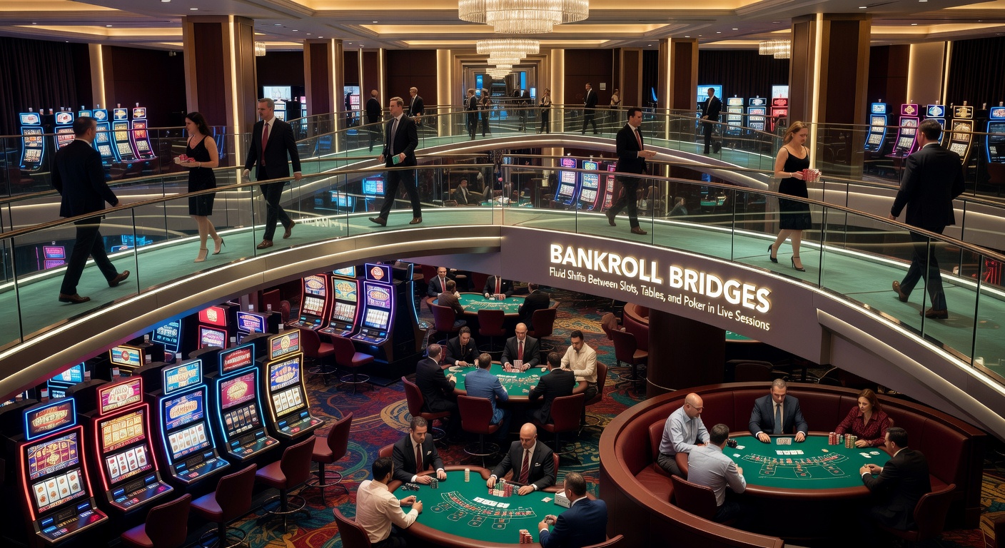 Vibrant casino floor showing slots machines glowing brightly alongside crowded blackjack tables and a focused poker room entrance, capturing the energy of live gaming sessions