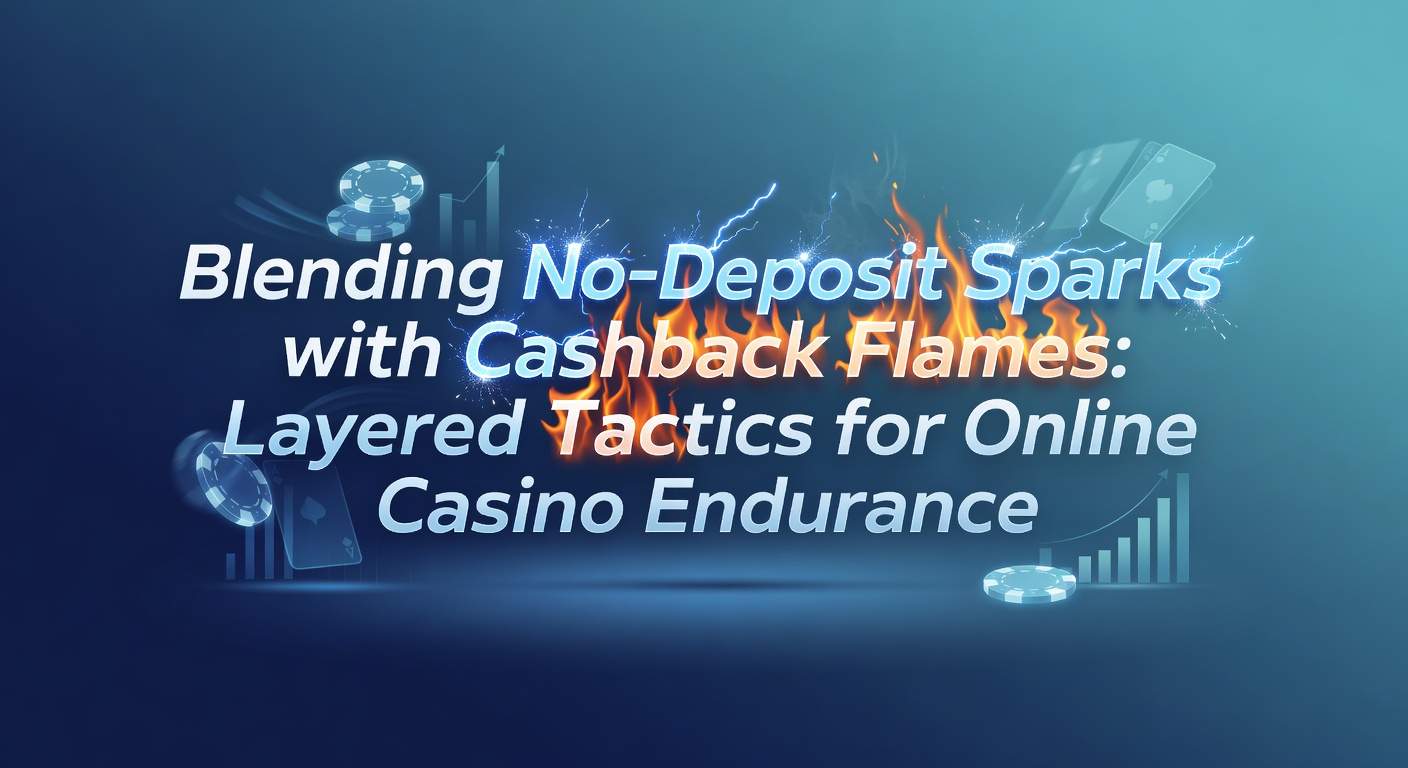 Vibrant digital sparks from no-deposit bonuses merging with glowing cashback flames, symbolizing layered casino strategies for prolonged play