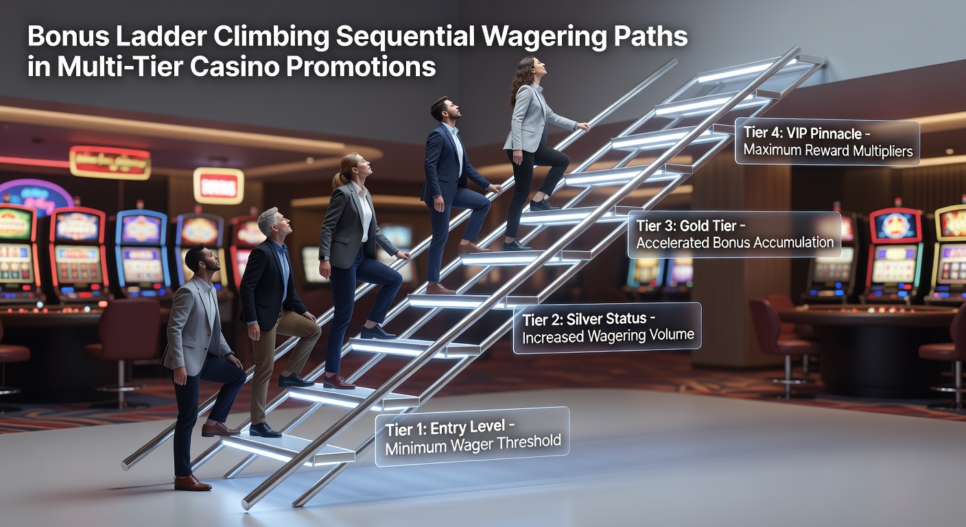 Visual representation of a multi-tier bonus ladder in casino promotions, showing sequential wagering steps climbing toward higher rewards