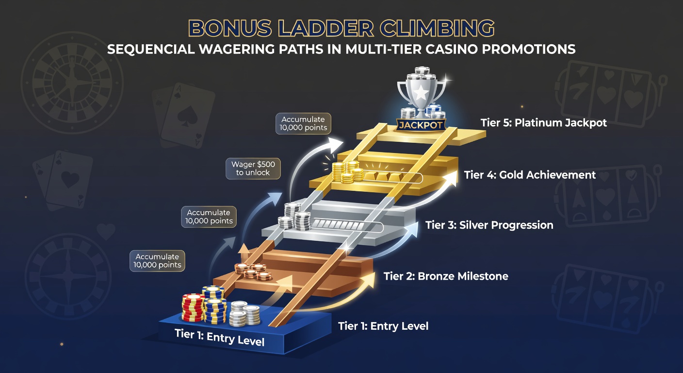 Diagram illustrating sequential betting paths across casino games in a multi-tier bonus promotion, highlighting optimal routes for ladder progression