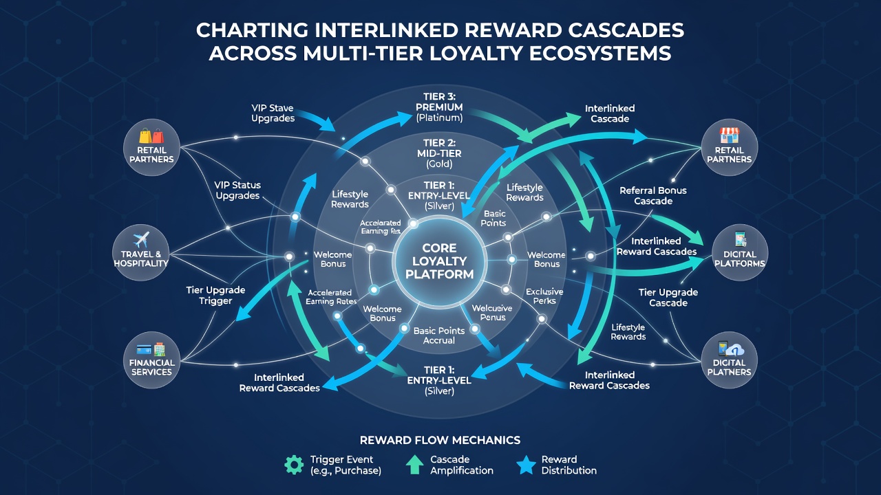 Infographic illustrating reward cascade examples between slots, tables, and hotel benefits in loyalty programs