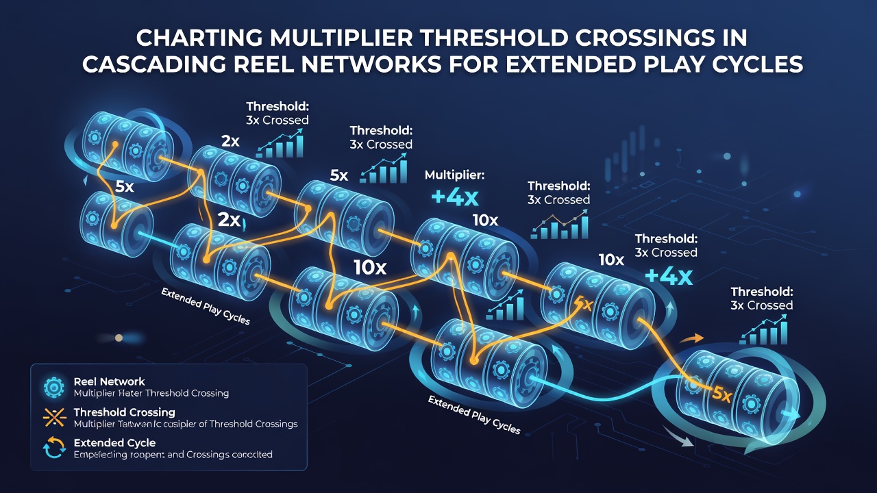 Chart illustrating extended play cycle data with multiplier threshold points marked across multiple reel cascades
