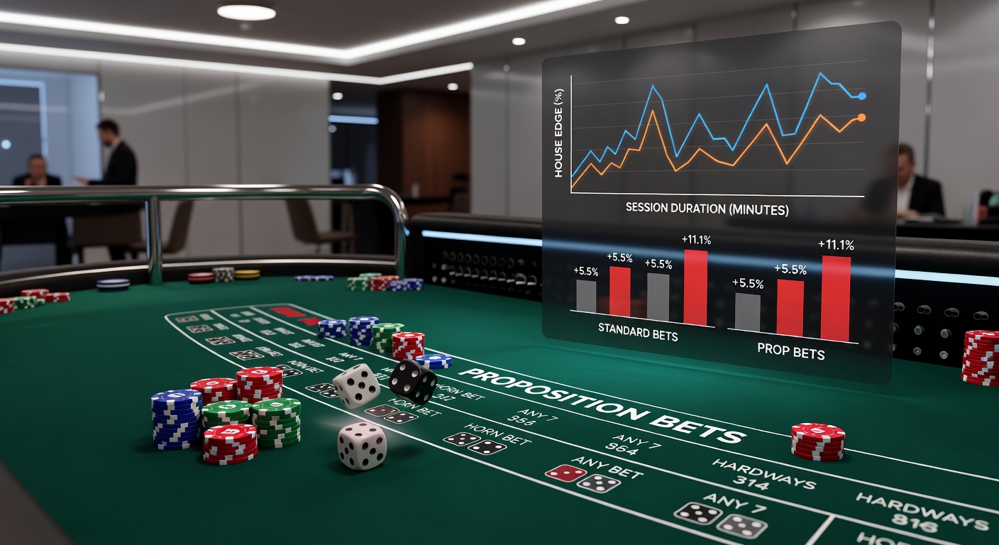 Close-up of craps prop bet layout on a felt table, chips stacked on Any 7 and Hardways amid dice excitement