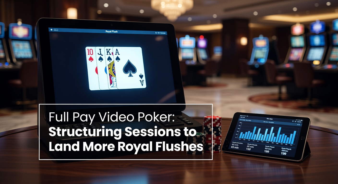 Video poker machine displaying a royal flush hand on a full pay Jacks or Better game, with bright lights and jackpot payout table visible