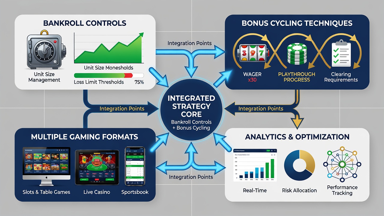 Split view of a player managing digital bankroll logs next to active bonus progress meters on multiple game screens