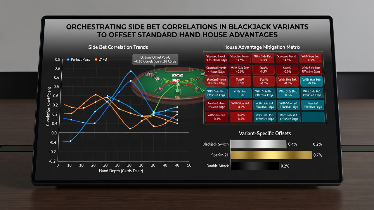 Close-up view of blackjack chips placed on correlated side bet and main hand positions