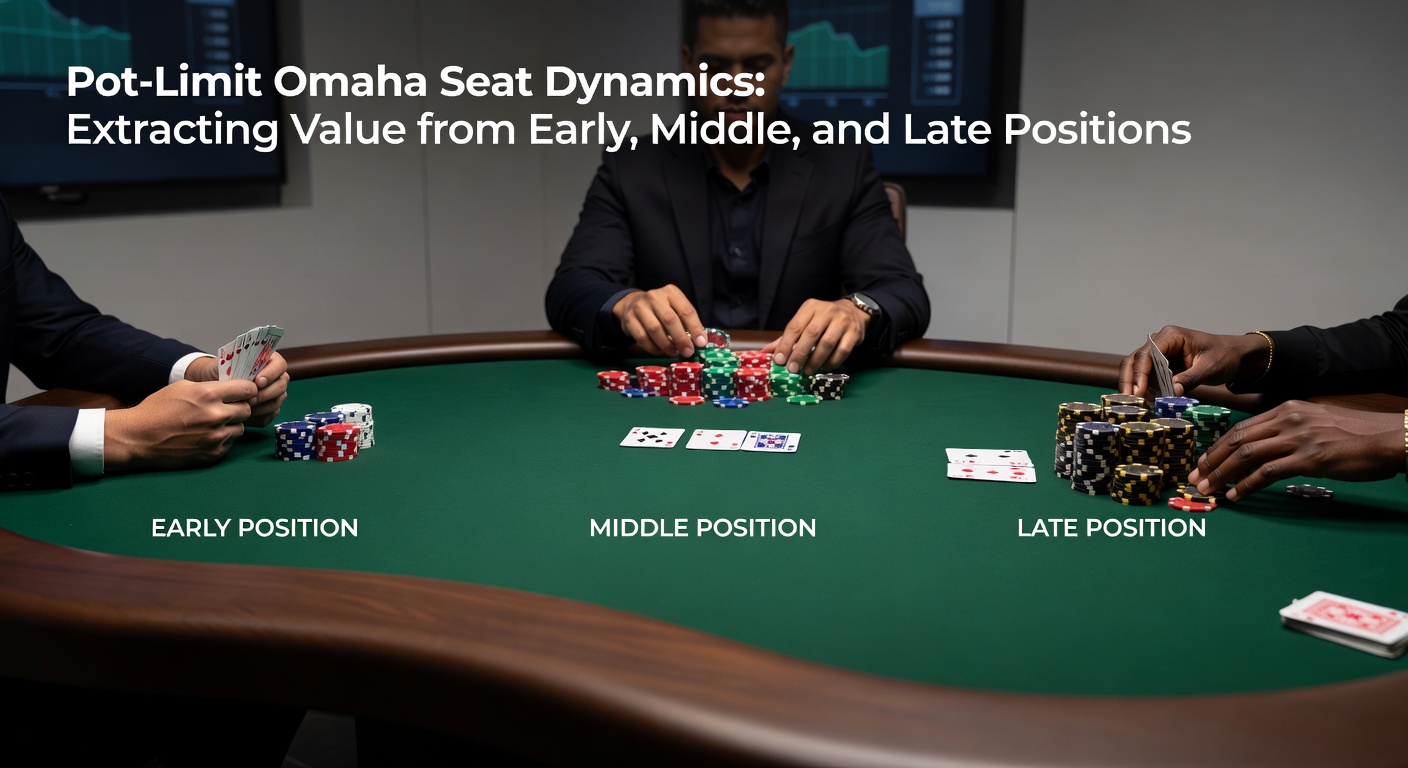 Poker players at a Pot-Limit Omaha table highlighting positional advantages with chips stacked in late position