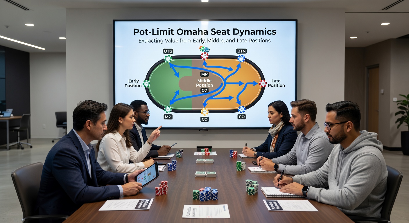 Close-up of a Pot-Limit Omaha hand in middle position showing chip movements and player decision-making