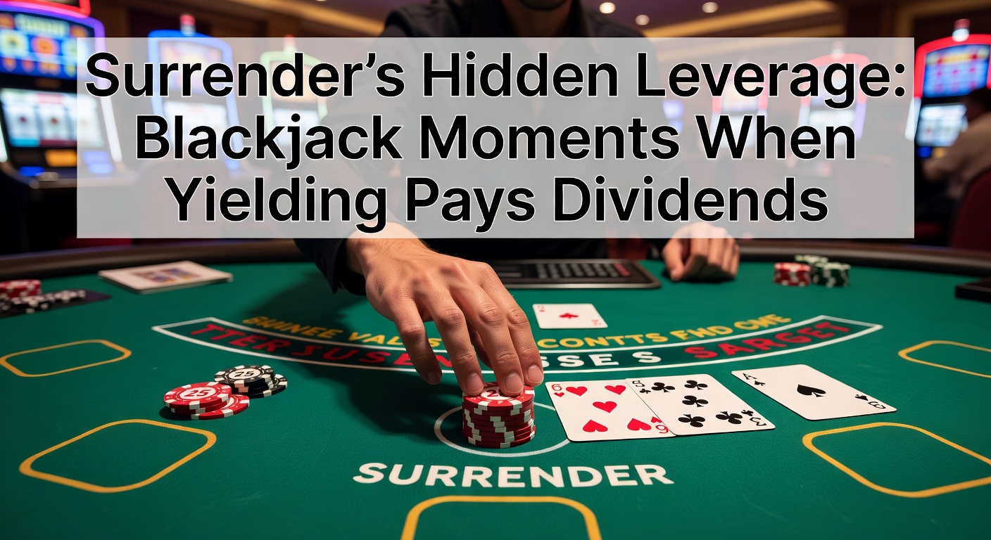 A blackjack table with cards showing a player hand of 16 against a dealer ace, highlighting the surrender decision point