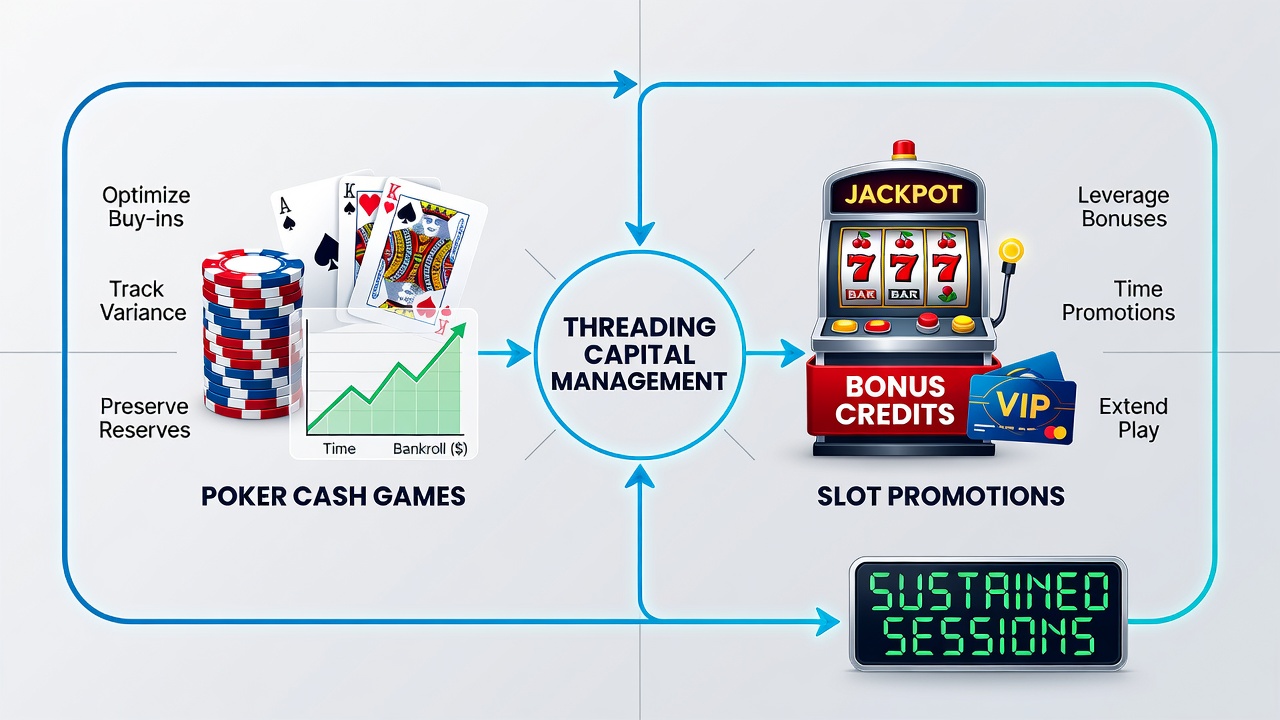 Casino floor layout showing adjacent poker and slot areas with players transitioning between them
